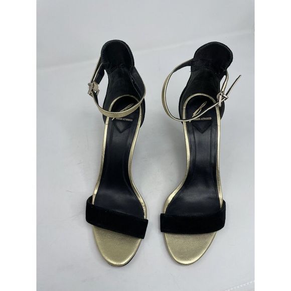 BRIAN ATWOOD Heels Womens 8 Black Suede Wedge Sandals Ankle Strap Gold Detail - Picture 3 of 11